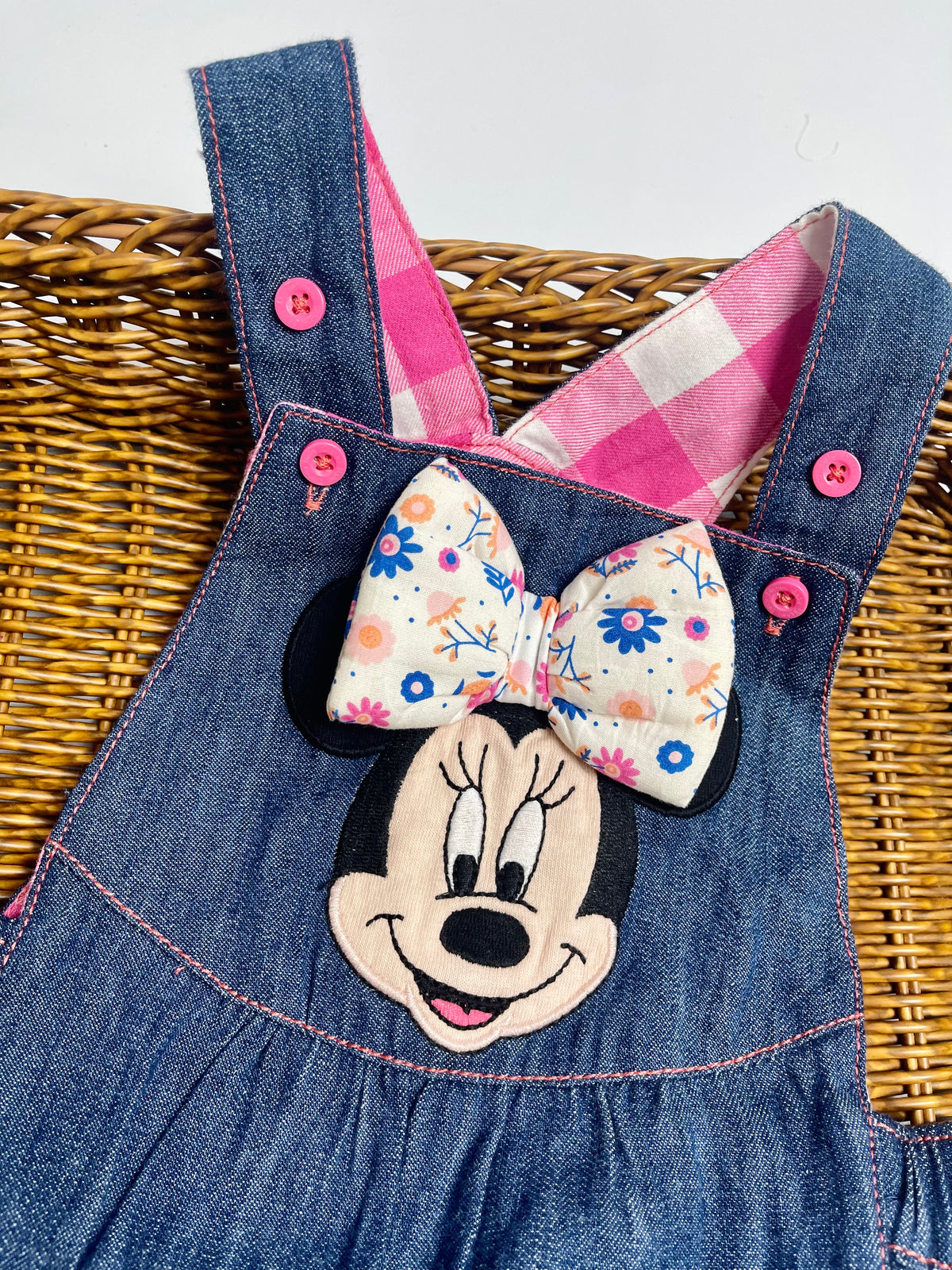 DISNEY - Minnie Mouse Denim Overall Romper with Floral Bow