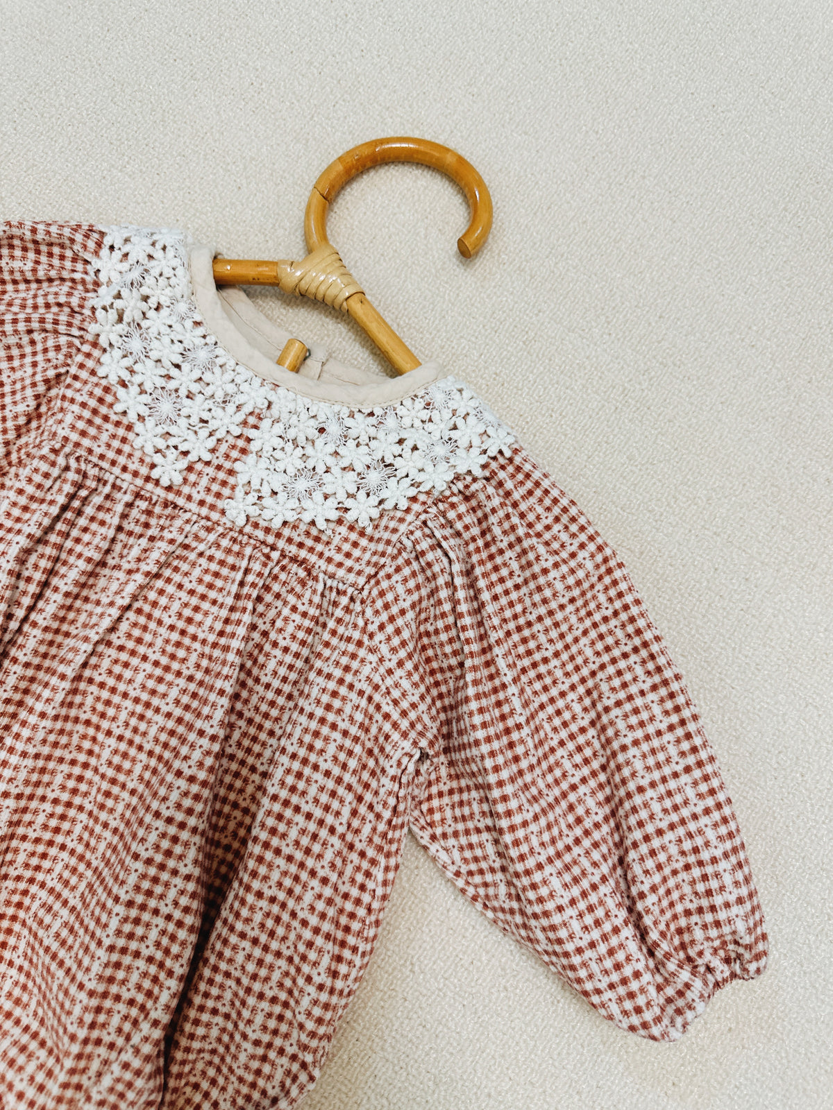 Minkmui Brown Gingham Lace Collar Romper