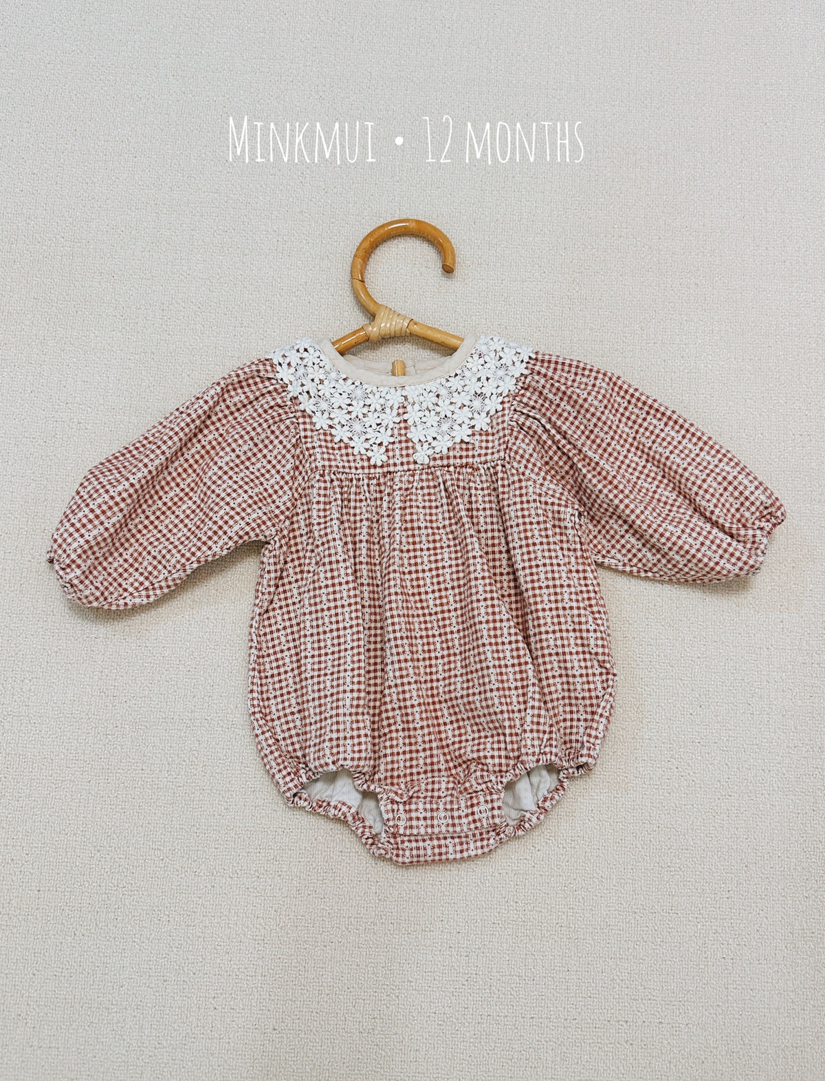 Minkmui Brown Gingham Lace Collar Romper
