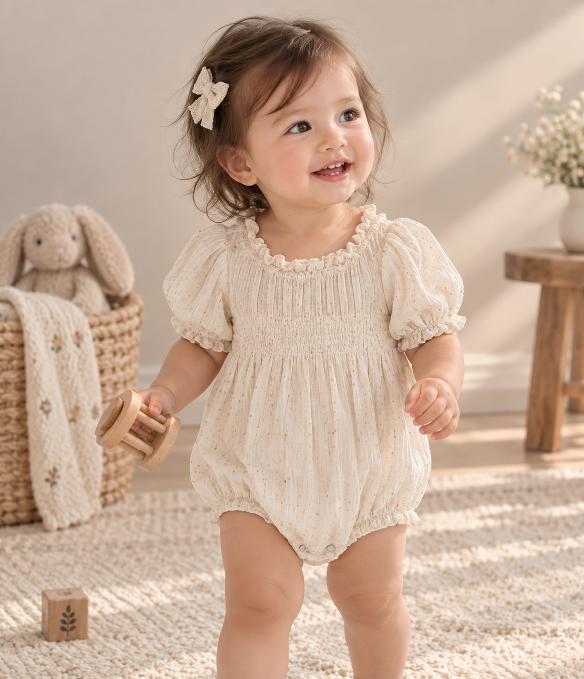 Hi Bye Ivory Gold Fleck Puff Sleeve Romper