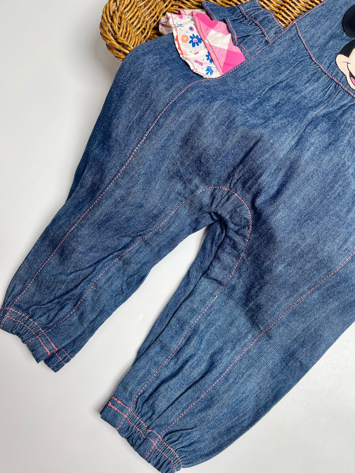 DISNEY - Minnie Mouse Denim Overall Romper with Floral Bow