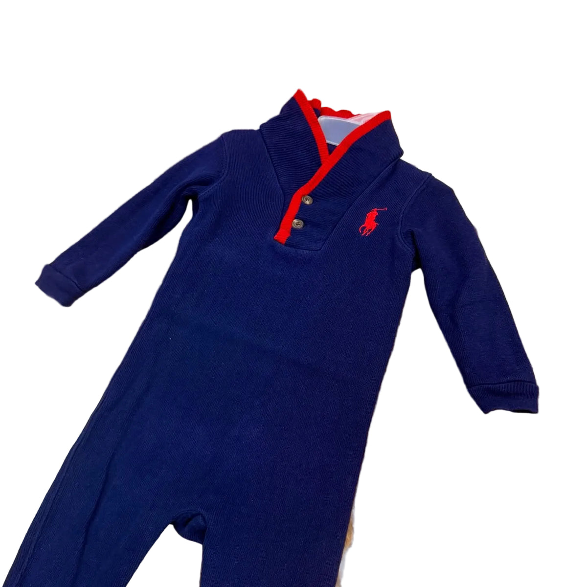 Ralph Lauren red-trimmed shawl collar footie
