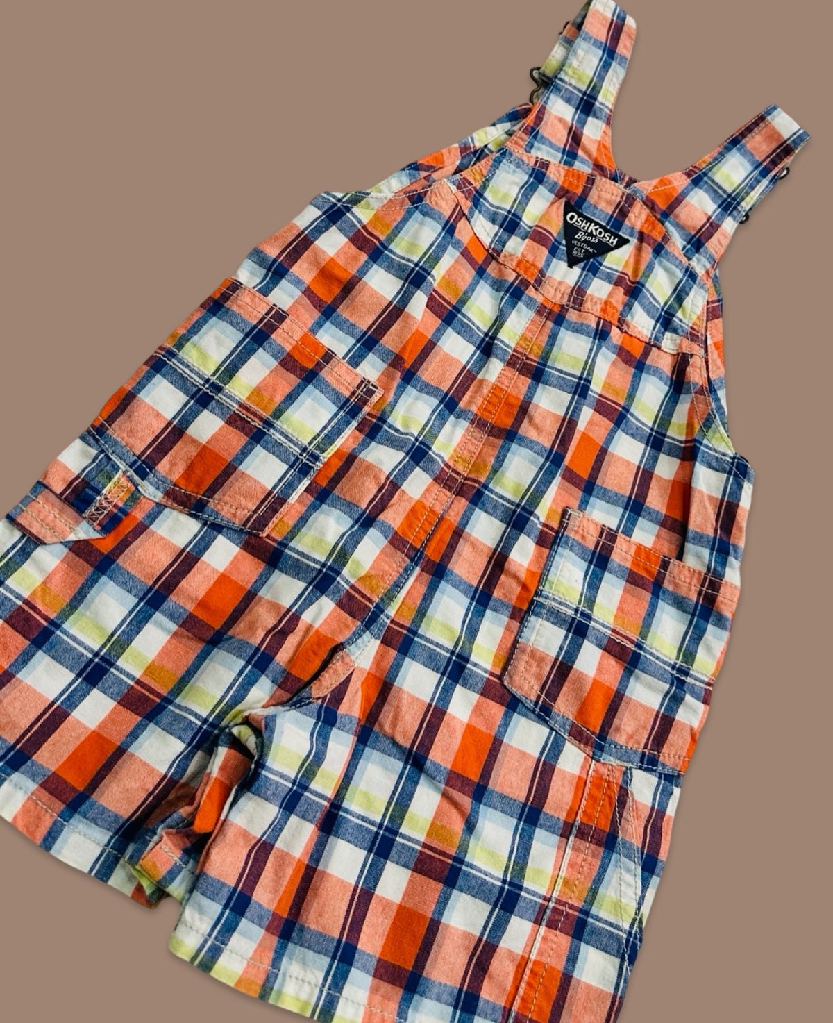 OshKosh B'gosh orange & blue plaid shortalls