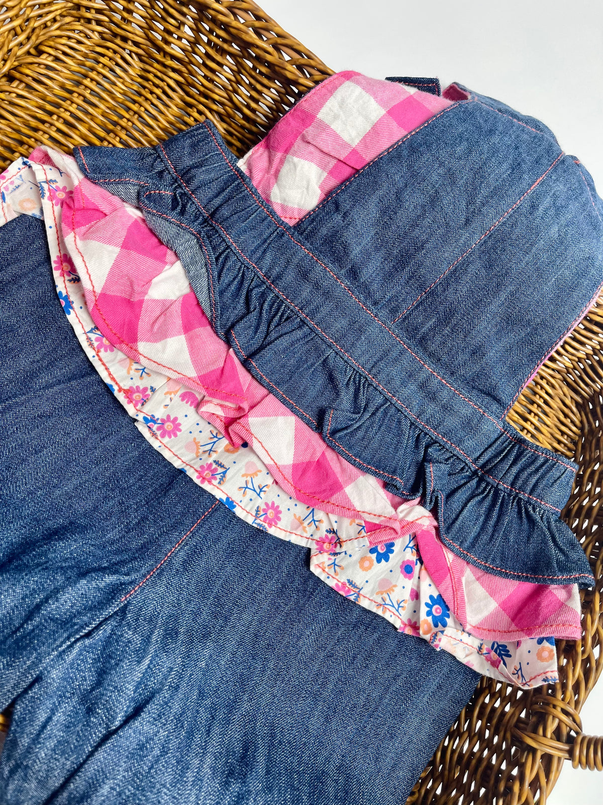DISNEY - Minnie Mouse Denim Overall Romper with Floral Bow