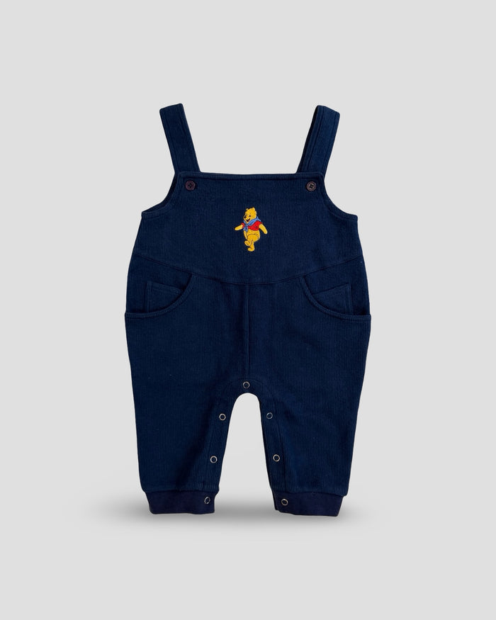 VINTAGE classic pooh minimal embroidered navy corduroy overalls