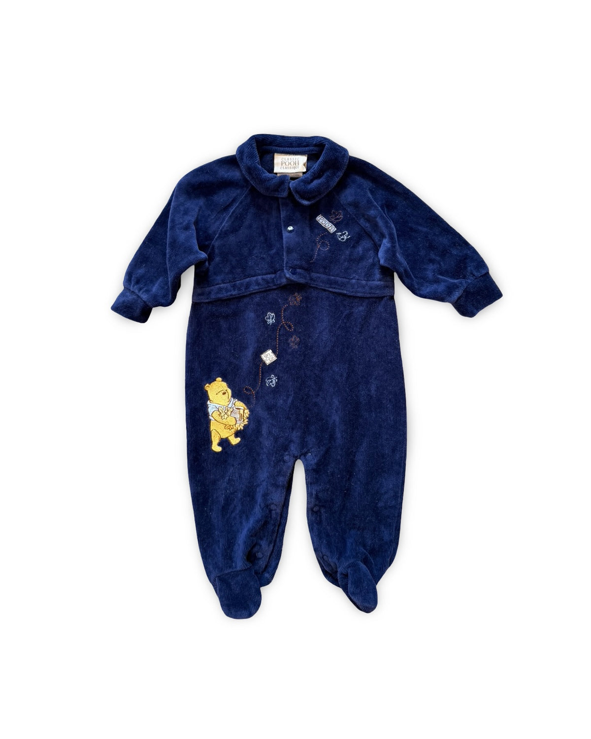 CLASSIC POOH VINTAGE embroidered navy velvet footie pajamas