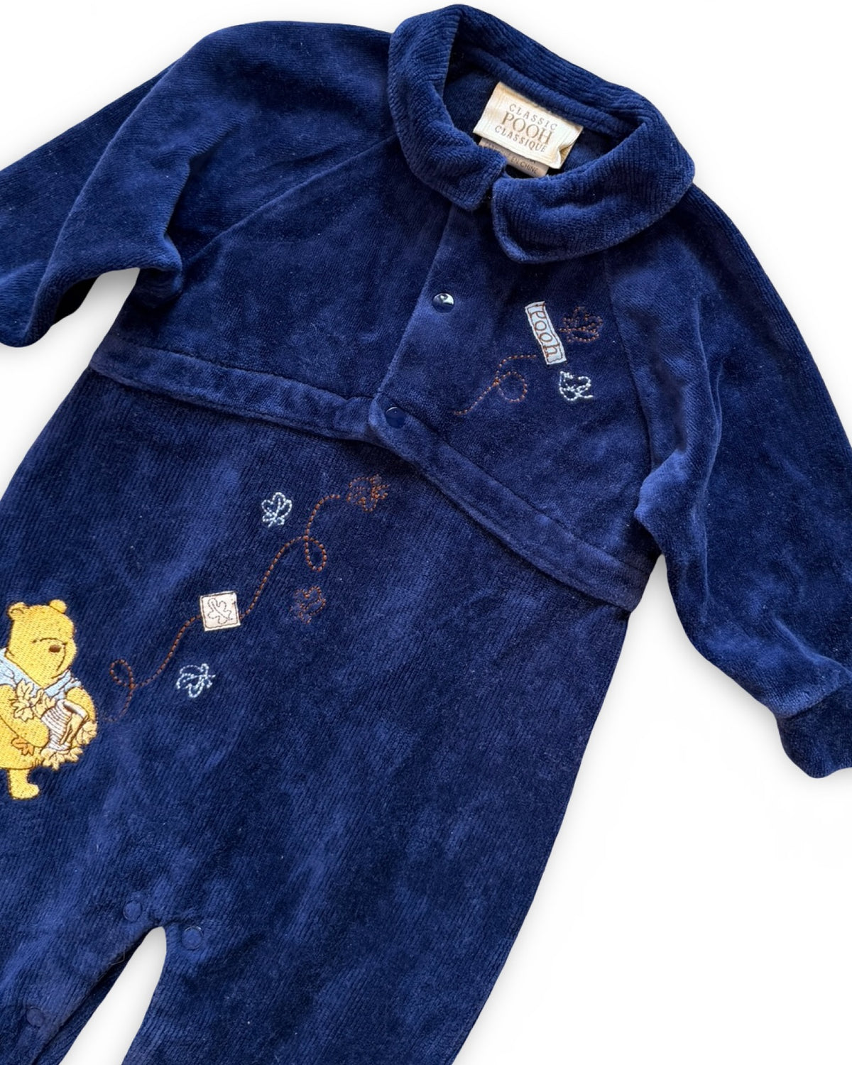 CLASSIC POOH VINTAGE embroidered navy velvet footie pajamas