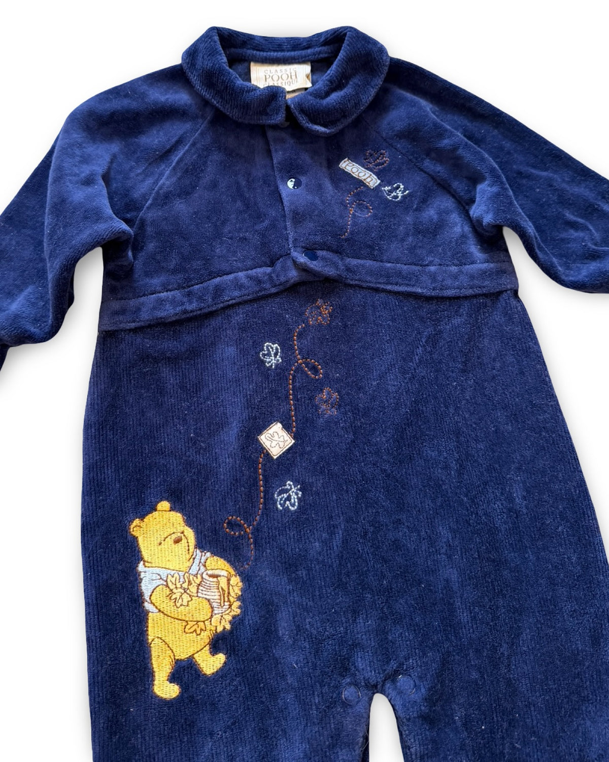 CLASSIC POOH VINTAGE embroidered navy velvet footie pajamas