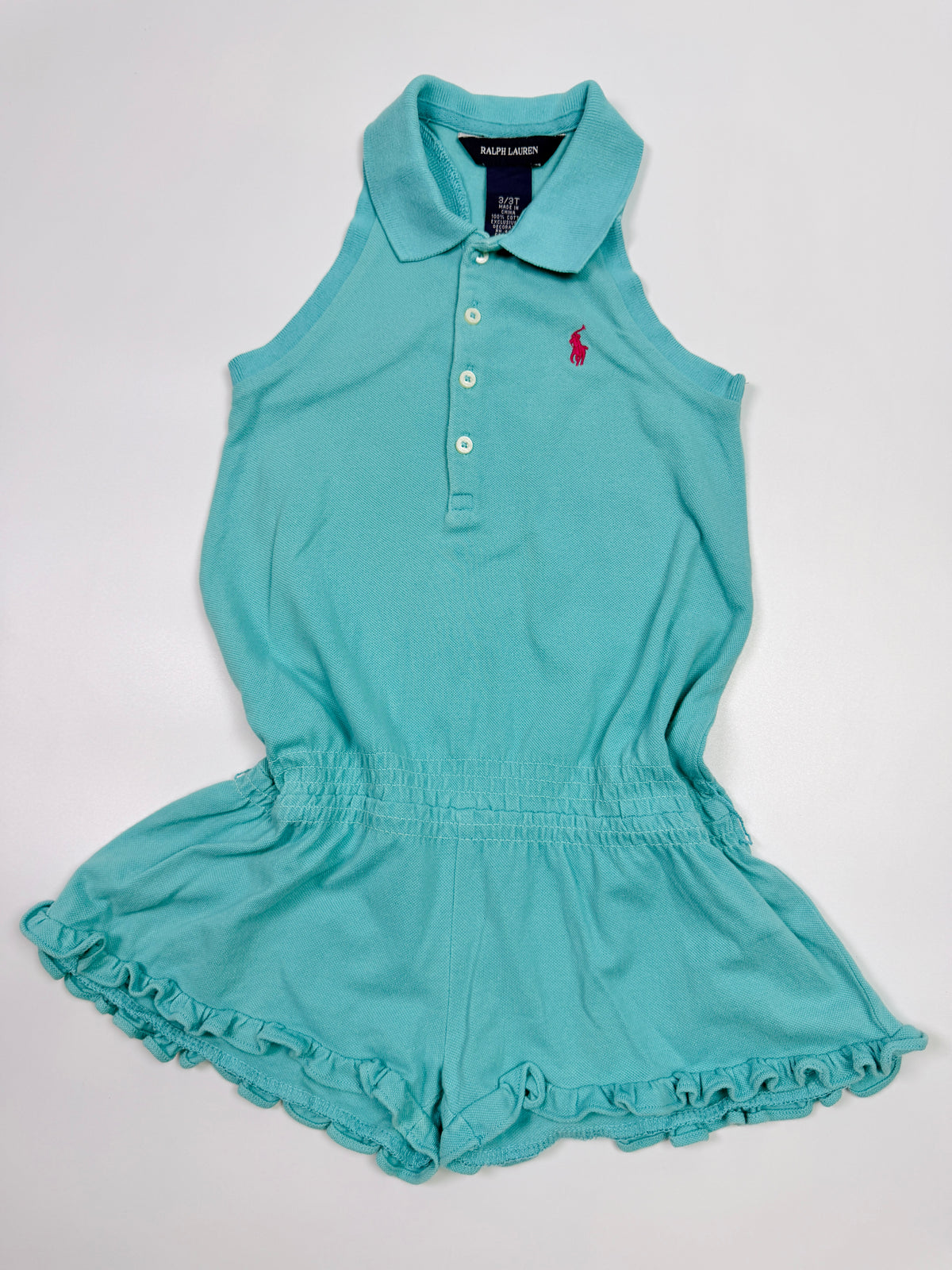 Ralph Lauren Aqua Polo Romper with Ruffle Shorts