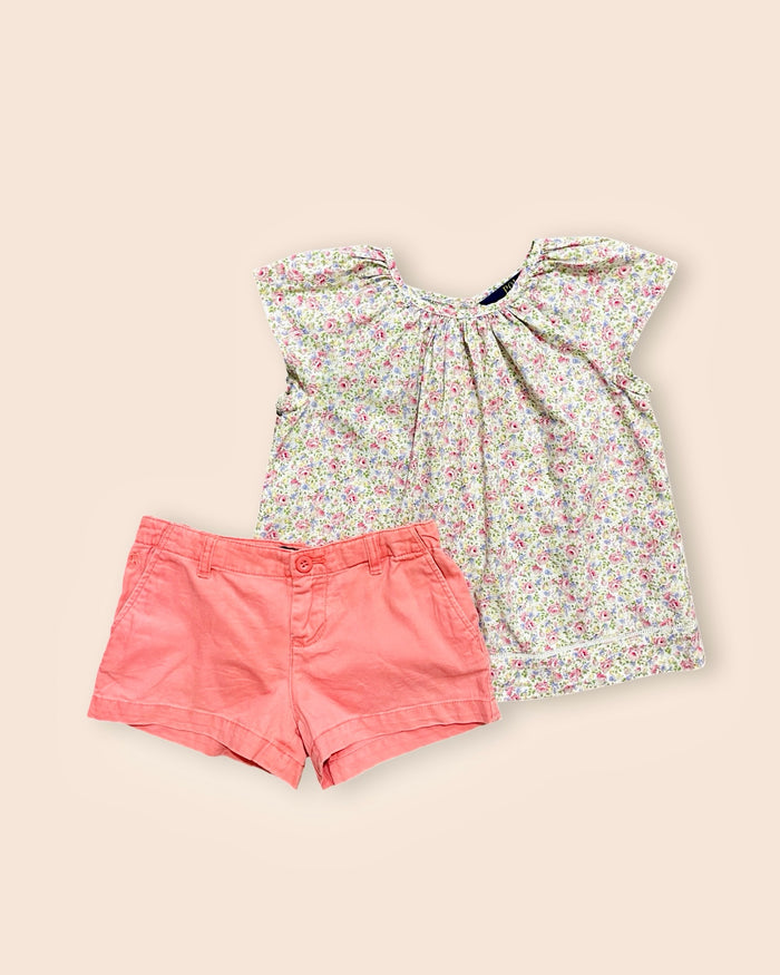 Floral blouse with chino shorts, coral