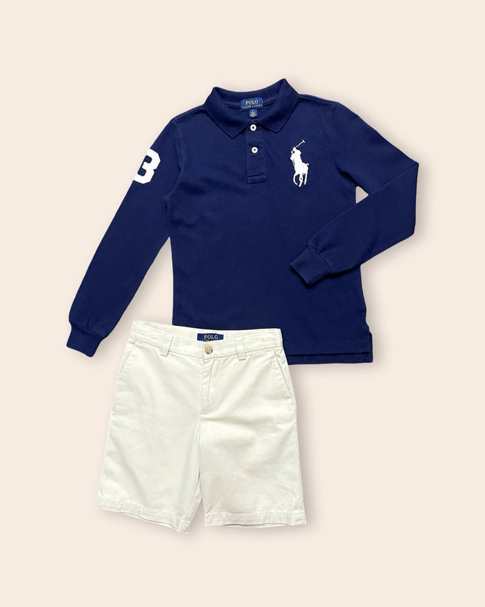 Long sleeve polo & shorts set, white