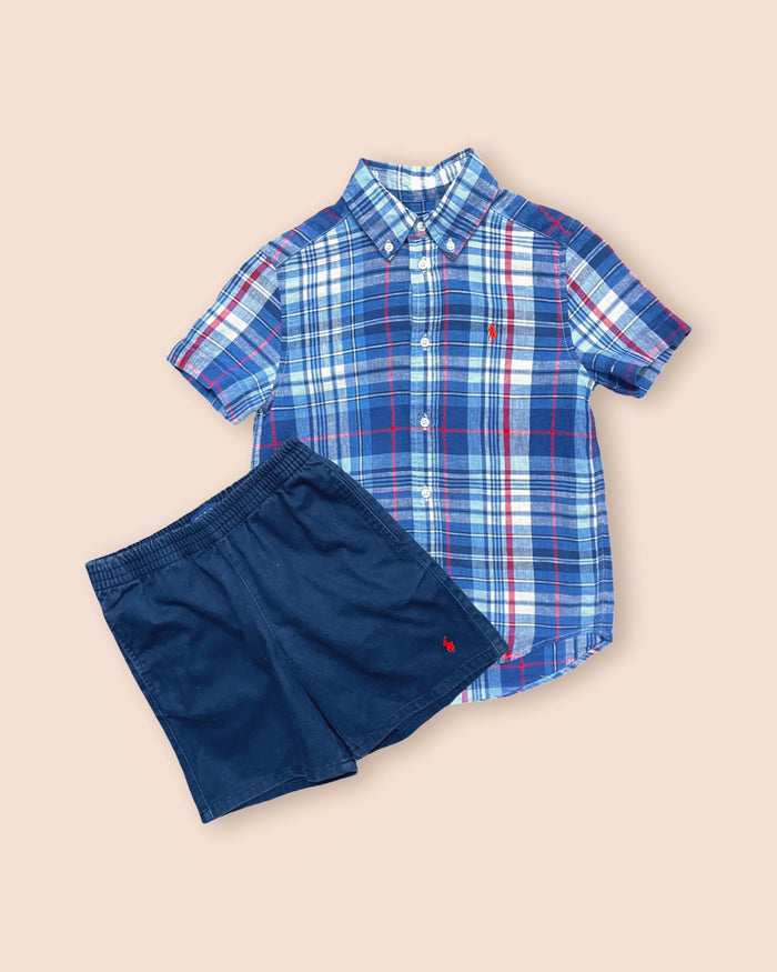 Plaid button-down & shorts set, navy
