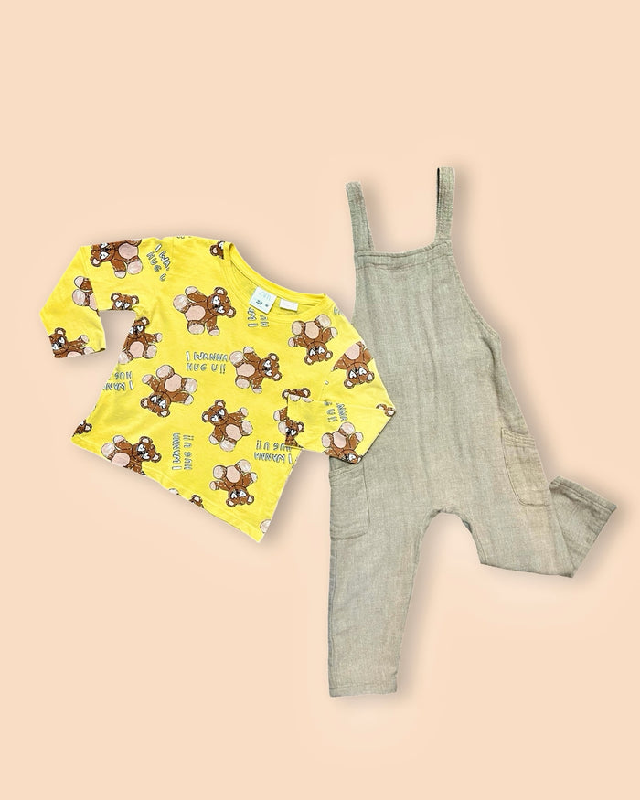 Teddy bear long-sleeve top + linen-look overalls, gray