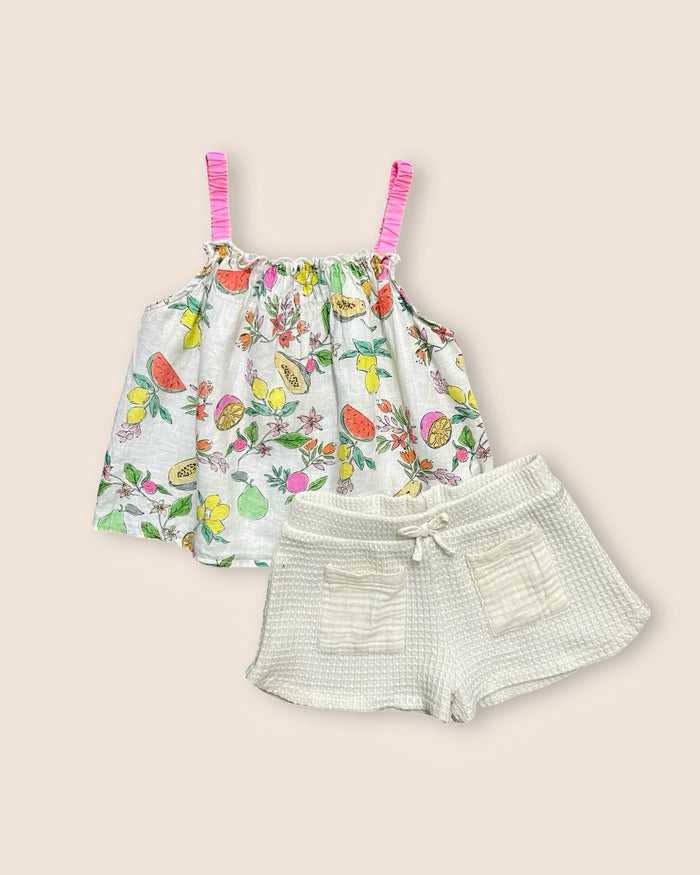 Fruit-print cami + textured shorts, white