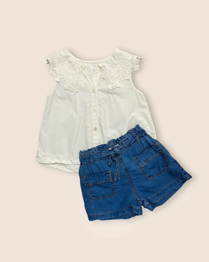 Lace-collar top + denim shorts, white