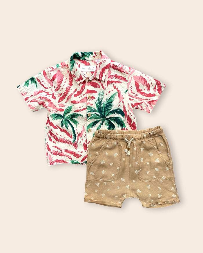 Adorable tropical print polo shirt + printed shorts set, khaki