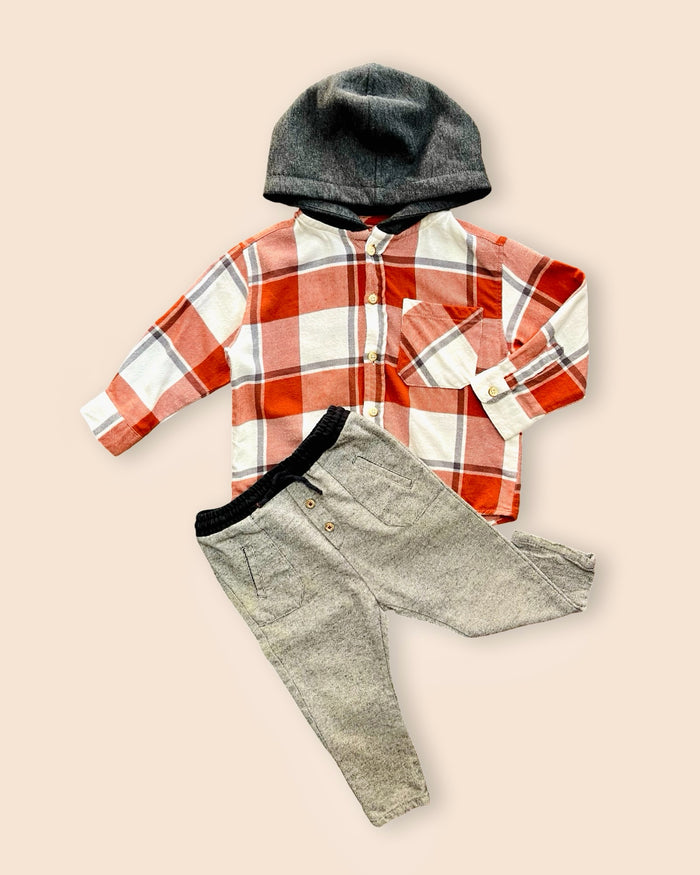 Plaid button-down hooded shirt + pants, gray