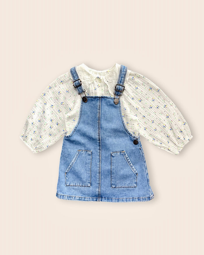 Pinafore + floral blouse, denim
