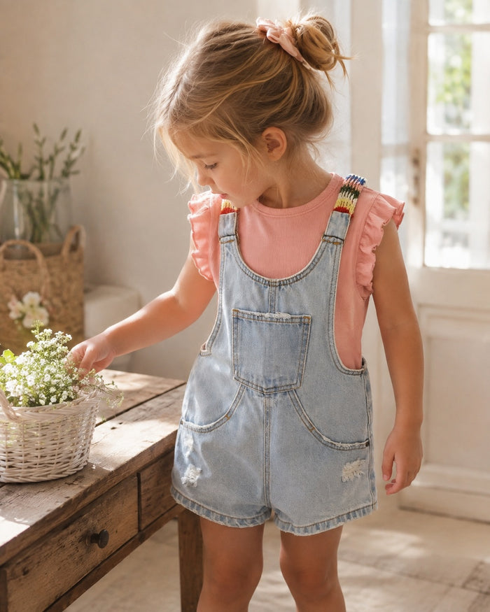 Ruffle top + denim overalls, pink