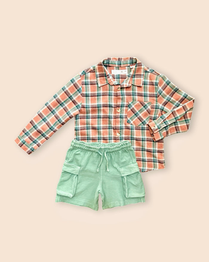 Plaid shirt + cargo shorts set, mint