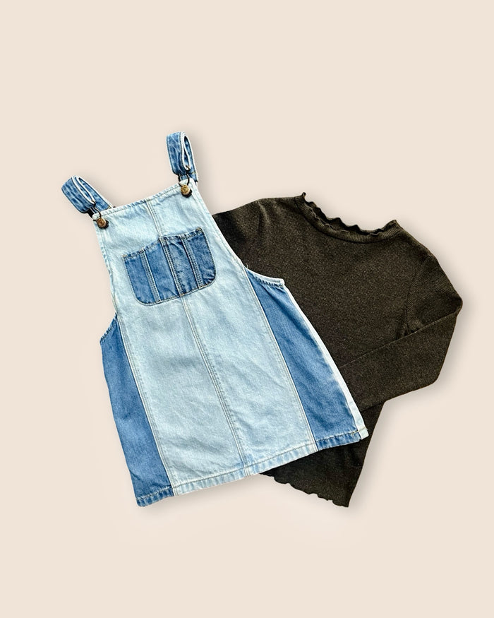 Pinafore dress + ribbed top, denim