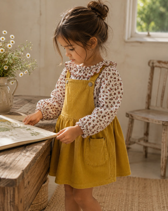 Corduroy pinafore + floral blouse, mustard