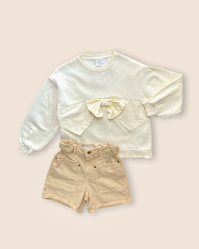 Bow sweatshirt + shorts, beige