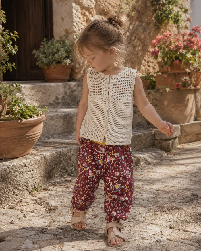 Crochet vest + floral pants set, cream