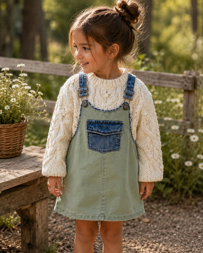 Sage overalls + chunky knit sweater, green