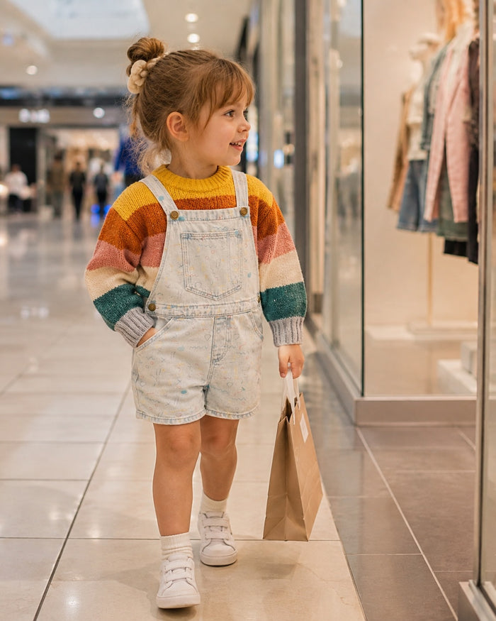 Striped knit sweater + printed overall shorts set, denim