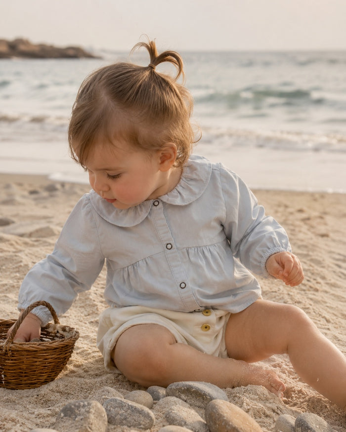 Peter pan collar blouse + linen shorts set