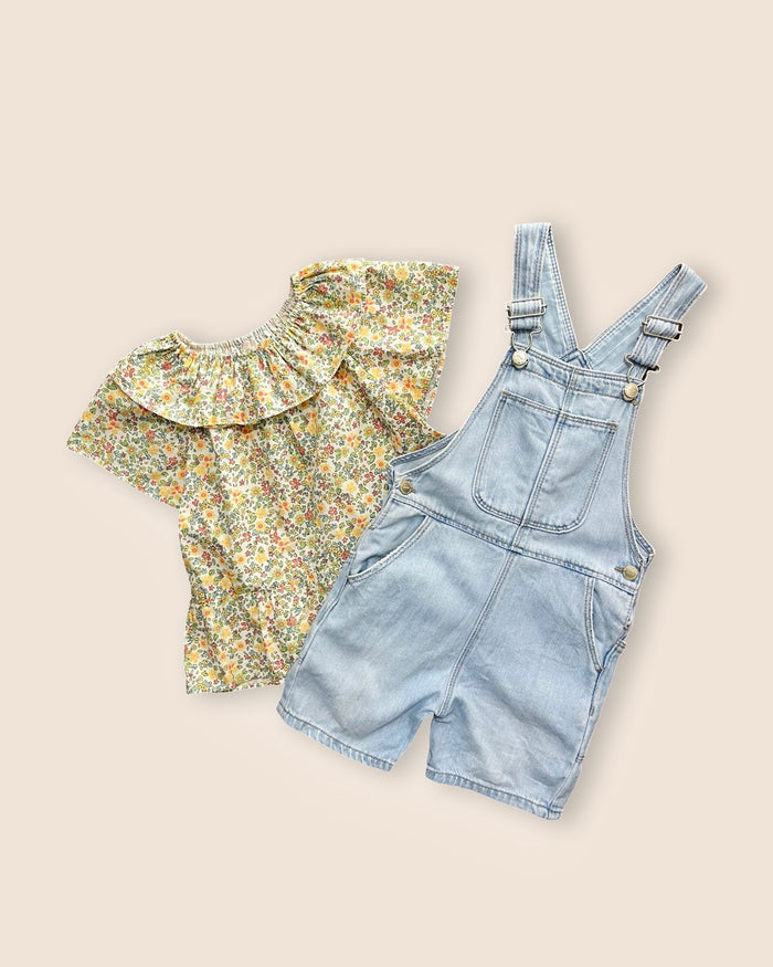 Floral ruffle blouse + overalls, denim