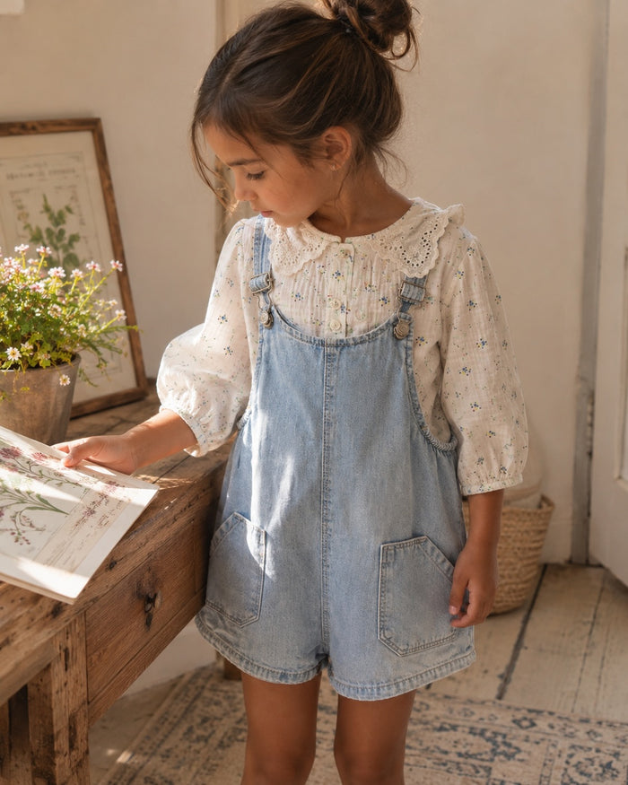 Floral blouse + short overalls, denim