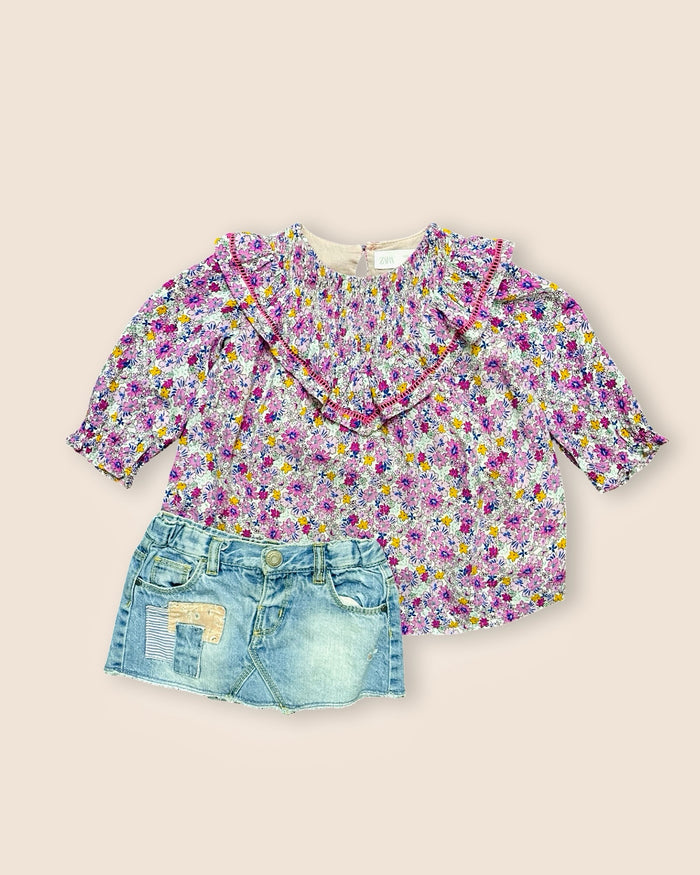 Floral ruffle blouse + shorts, denim