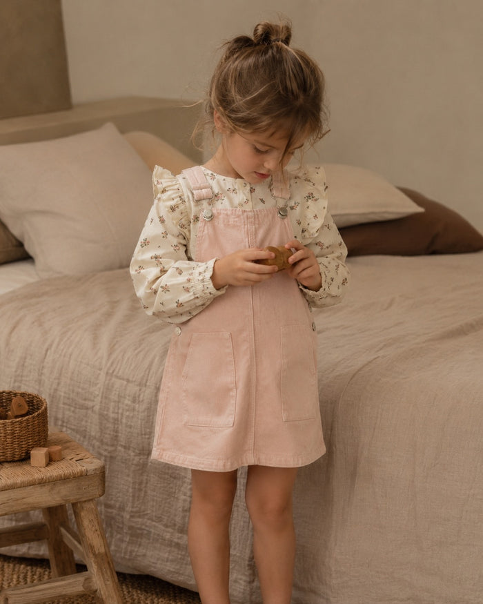 Floral ruffle blouse + pinafore set, pink