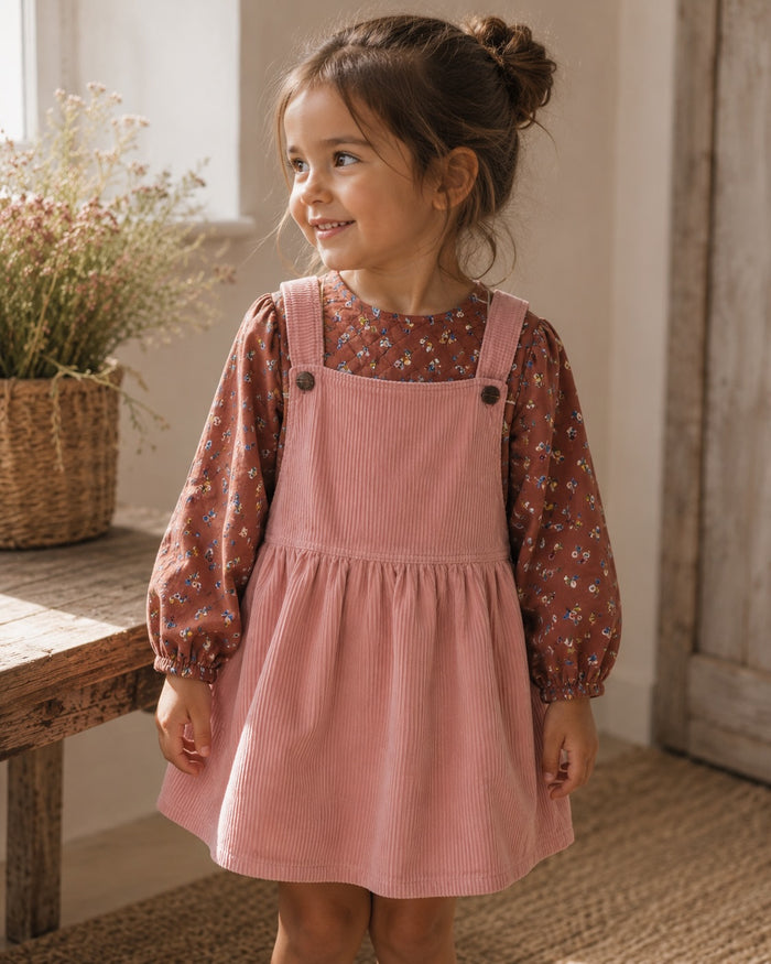 Corduroy pinafore + floral blouse, pink