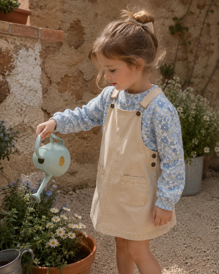 Pinafore + floral knit set, denim