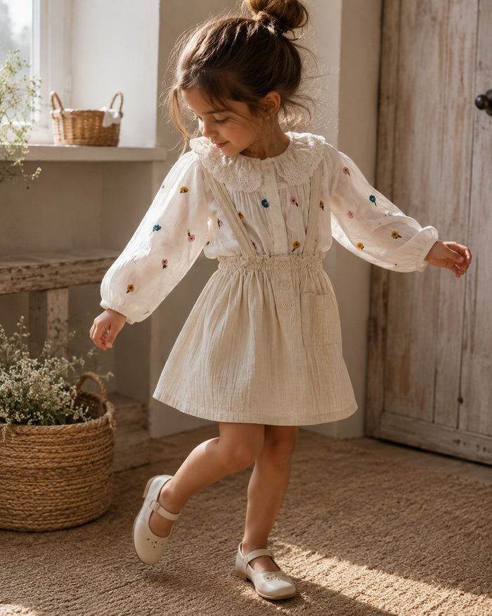 Embroidered floral blouse + corduroy pinafore, cream