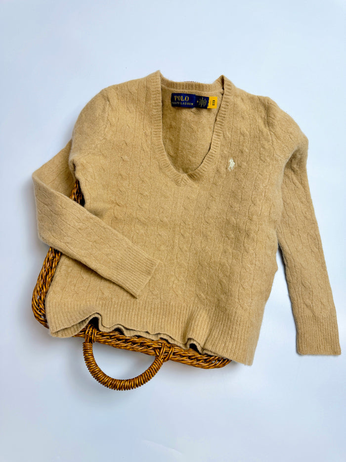 Cable knit v-neck sweater, warm camel