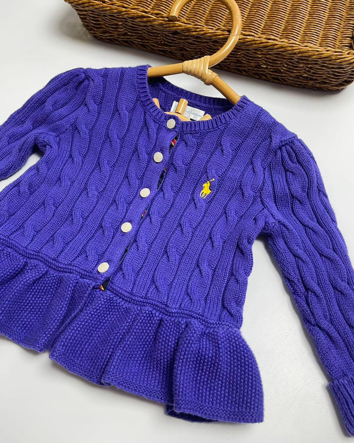 Cable knit peplum cardigan, purple