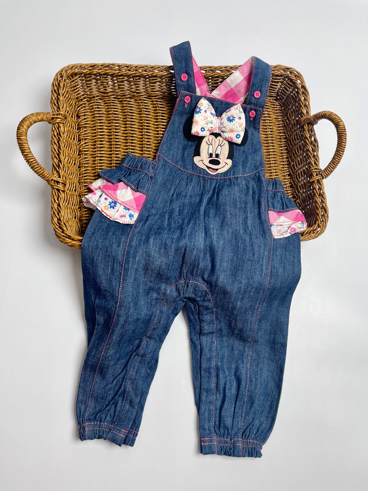 DISNEY - Minnie Mouse Denim Overall Romper with Floral Bow