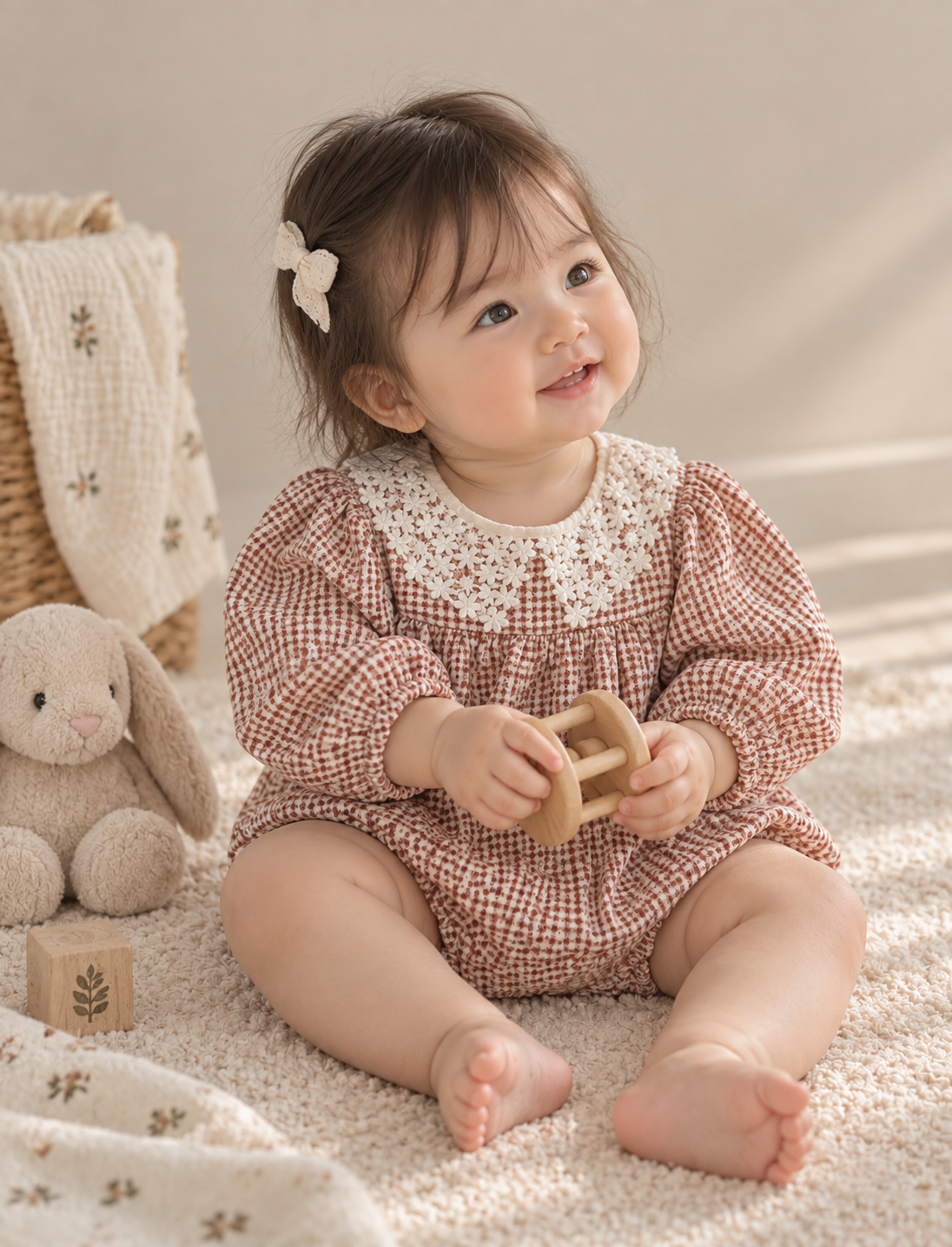 Minkmui Brown Gingham Lace Collar Romper