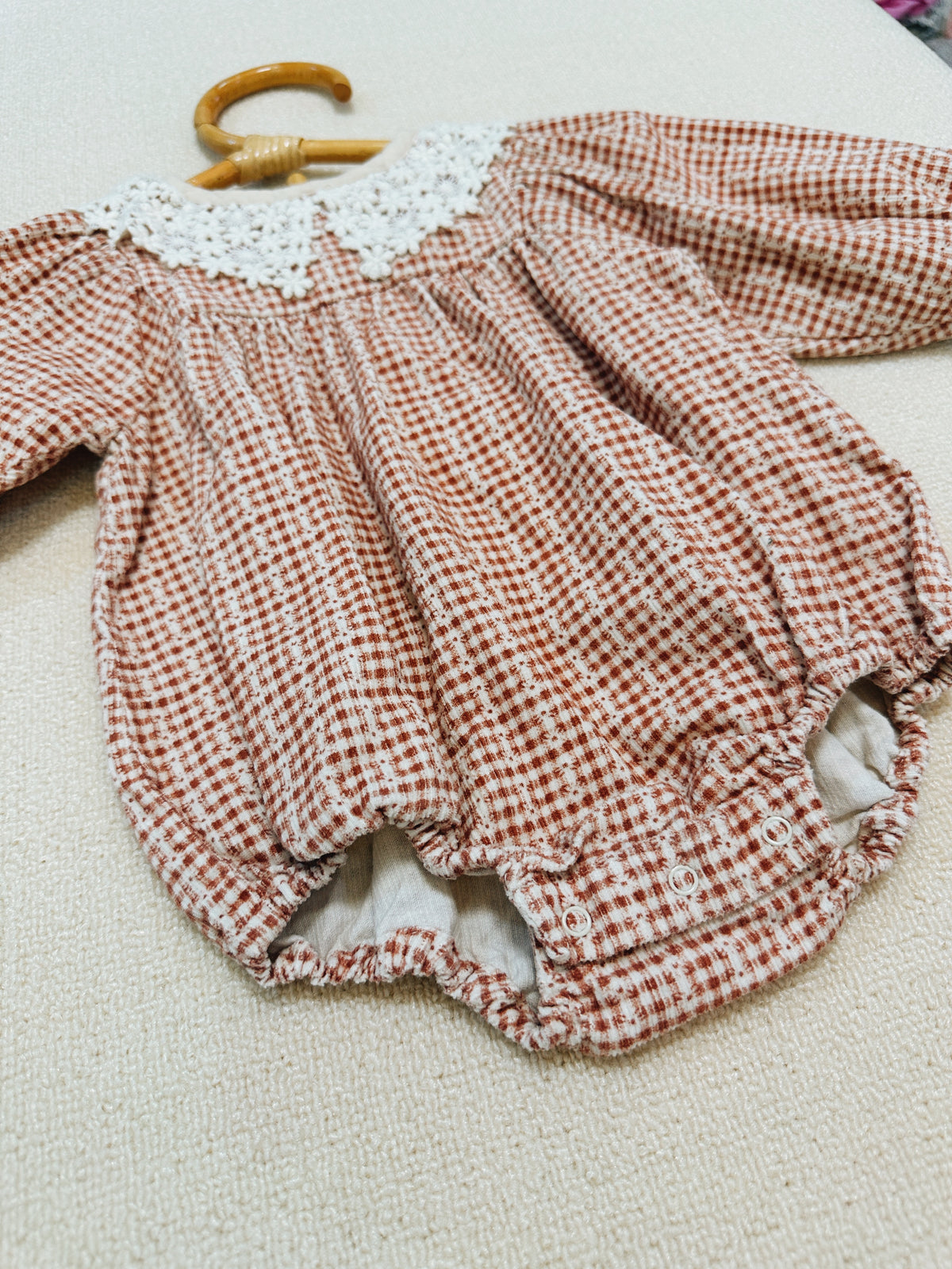 Minkmui Brown Gingham Lace Collar Romper
