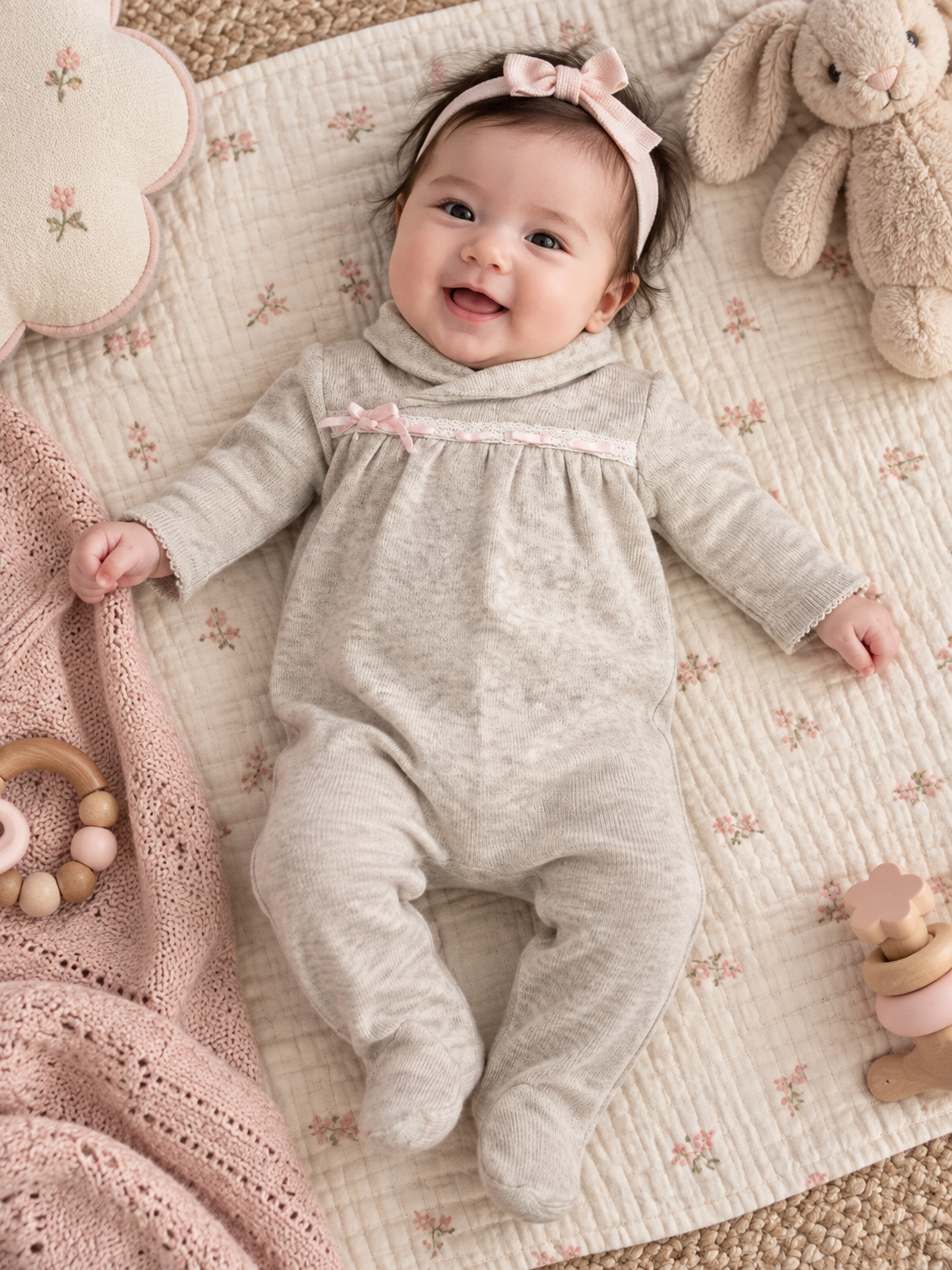 Ralph Lauren Oatmeal Hooded Footed Romper with Pink Ribbon Detail