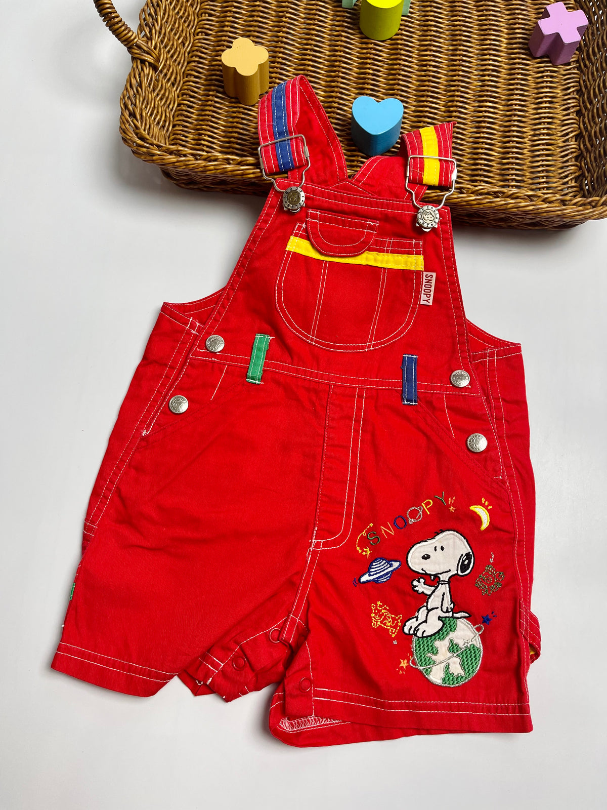 VINTAGE Snoopy Red Denim Overall Shorts
