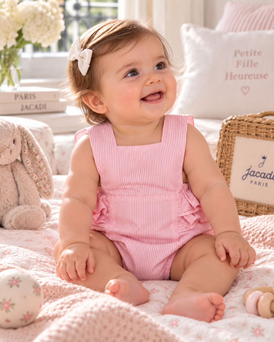 JACADI Pink Seersucker Ruffle Romper | Girls