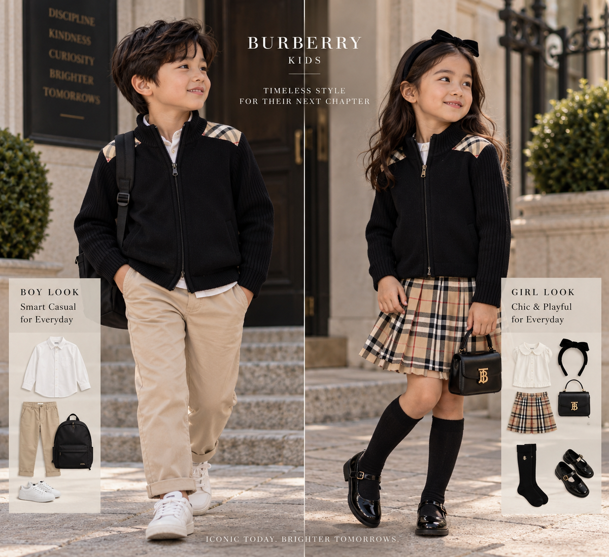Burberry Kids Black Knit Zip Cardigan with Check Shoulder Detail