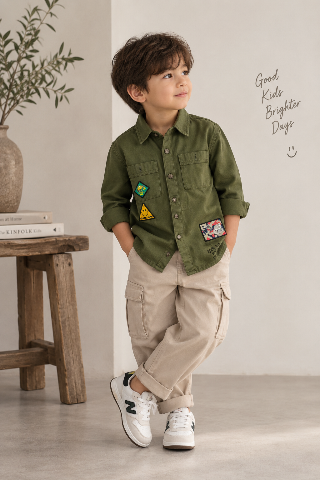 NEXT Kids Olive Green Utility Patchwork Button-Up Shirt