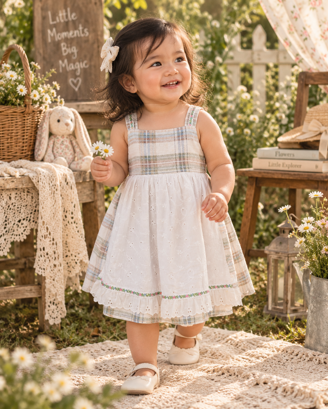 Sun Kids - Vintage Plaid Eyelet Lace Layered Dress