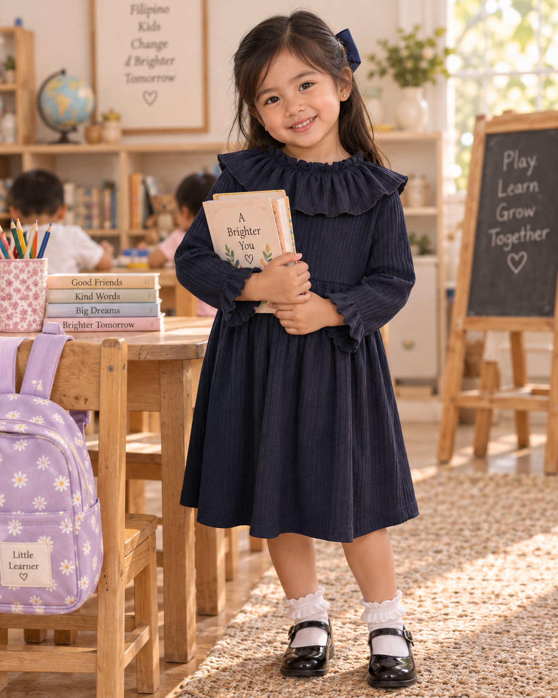 Black Ribbed Ruffle Collar Long Sleeve Dress